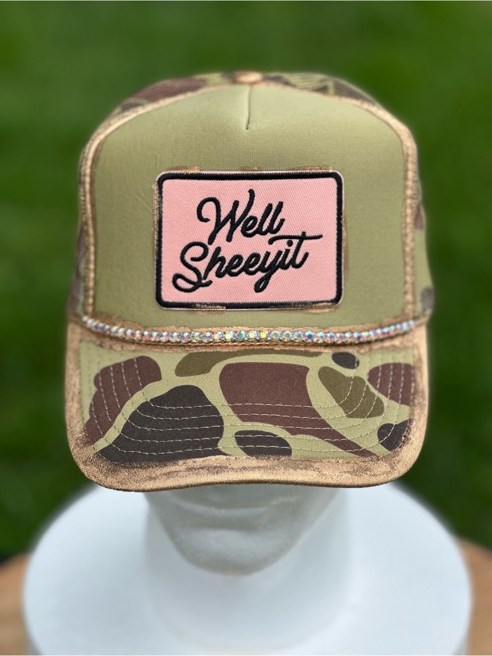 OTTO Olive Green Camo Trucker Hat with Pink/Peach Patch and Rhinestone Trim